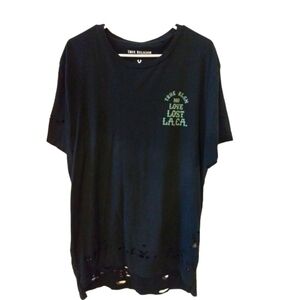 True Religion Black Distressed Short Sleeve Grunge Teal Text-No Love Lost Tee XL